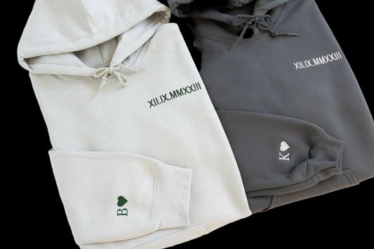 Gray and white hoodies with text and logos on a white background