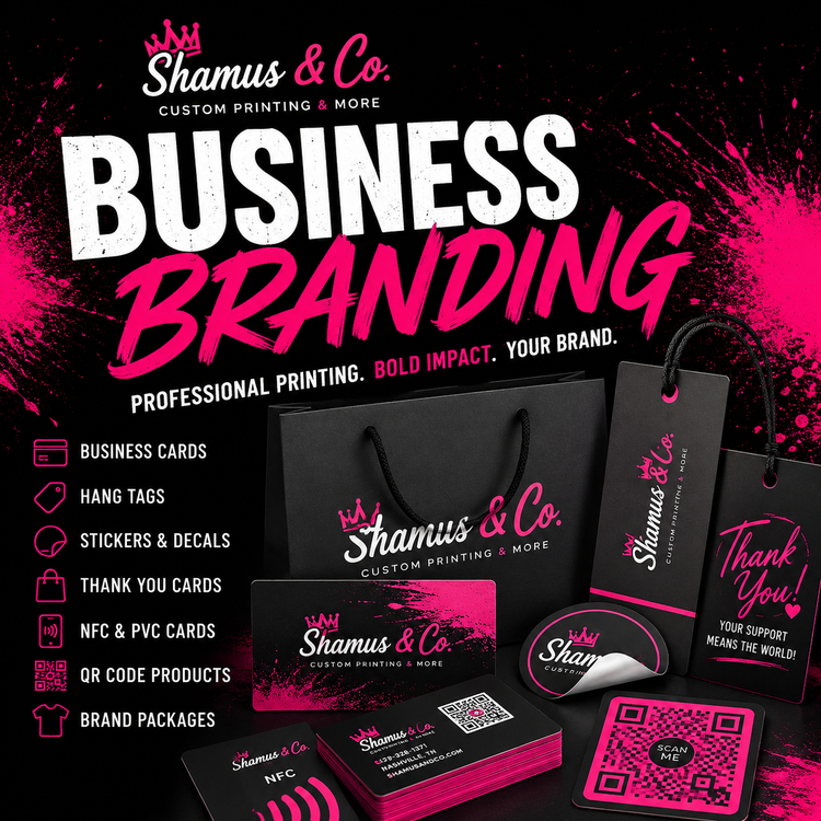 Business Branding collection featuring custom business cards, NFC cards, stickers, hang tags, thank-you cards, QR code products, and premium branded packaging by Shamus & Co.