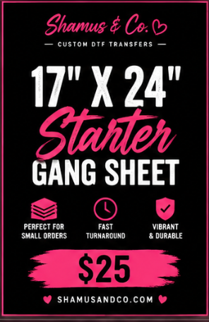 Shamus & Co DTF Gang Sheet, 17" x 24", showing a large printable sheet with colorful designs and detailed graphics.