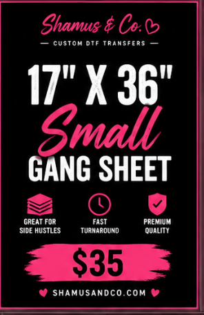 Small DTF Gang Sheet by Shamus & Co, 17x36 inches, showing the white printable sheet with detailed edges and surface texture.
