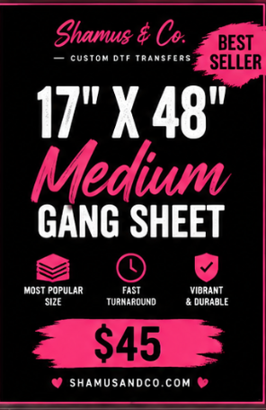 Medium DTF Gang Sheet by Shamus & Co, measuring 17" by 48", displayed with printable transfer film on a white background.