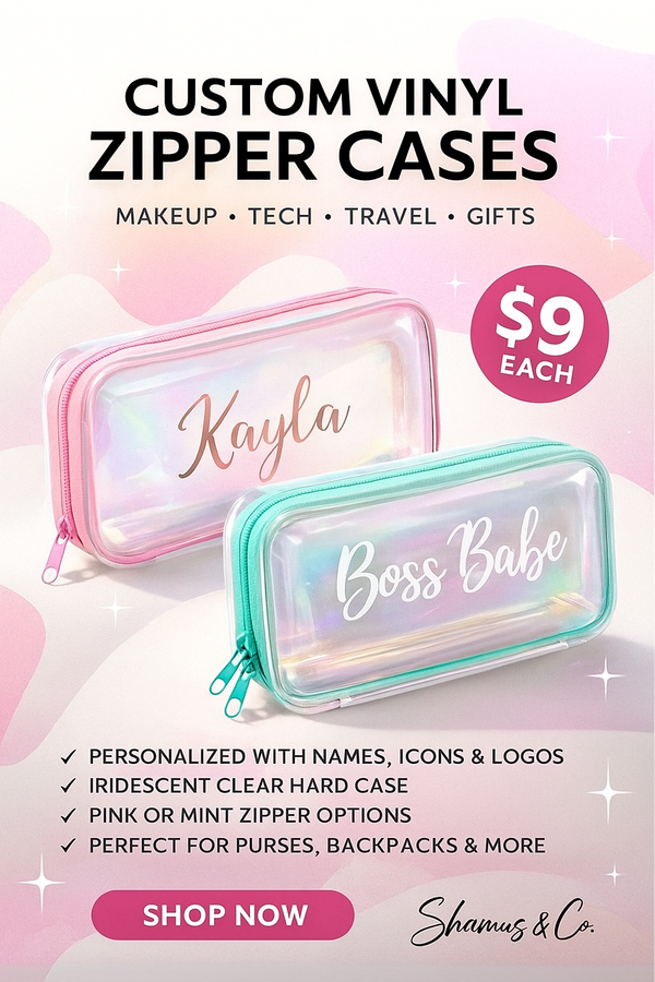 Custom Vinyl Zipper Case | Personalized Makeup & Travel Organizer | Iridescent Shell