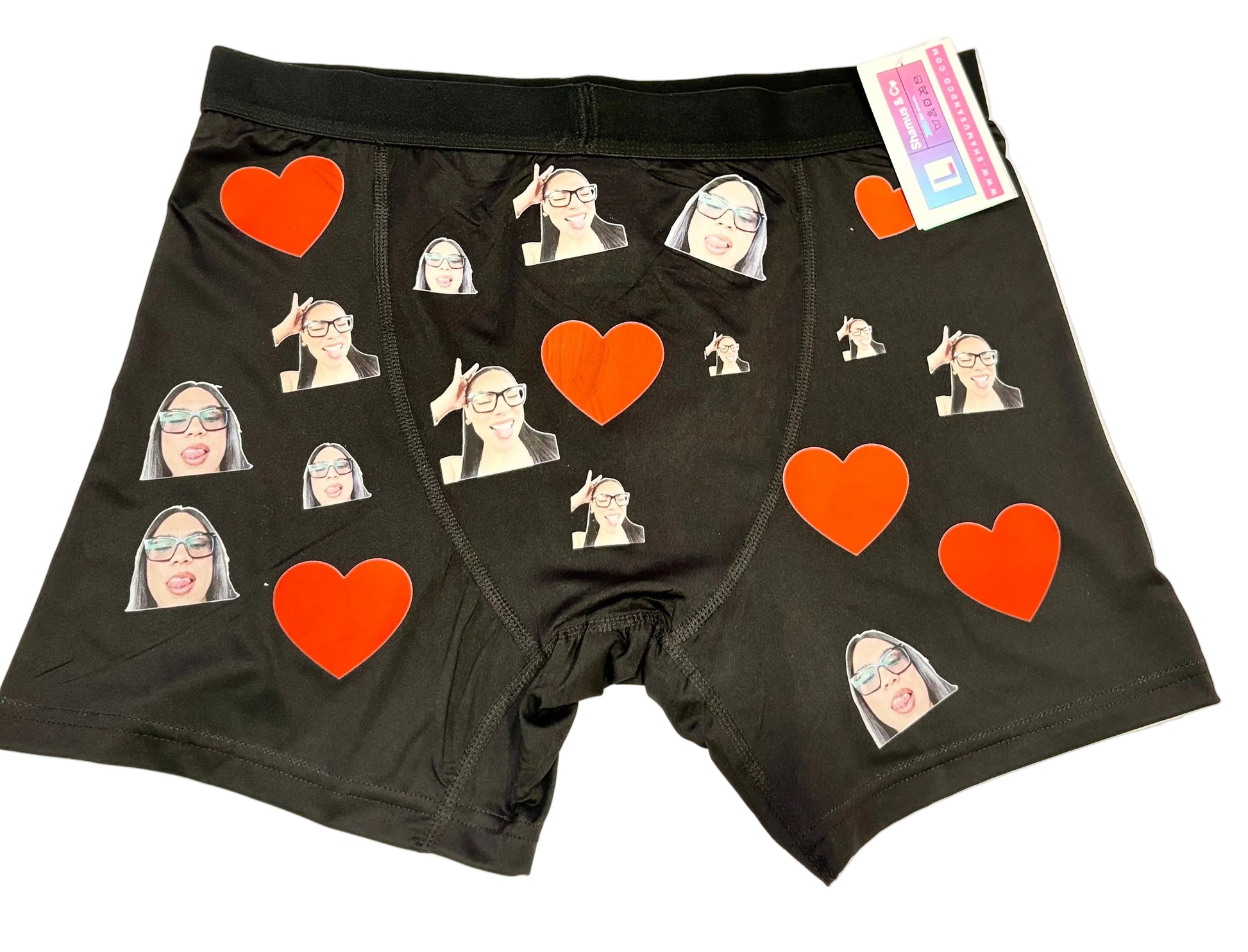 Custom men's underwear featuring a personalized face design by Shamus & Co, displayed in a creative layout.