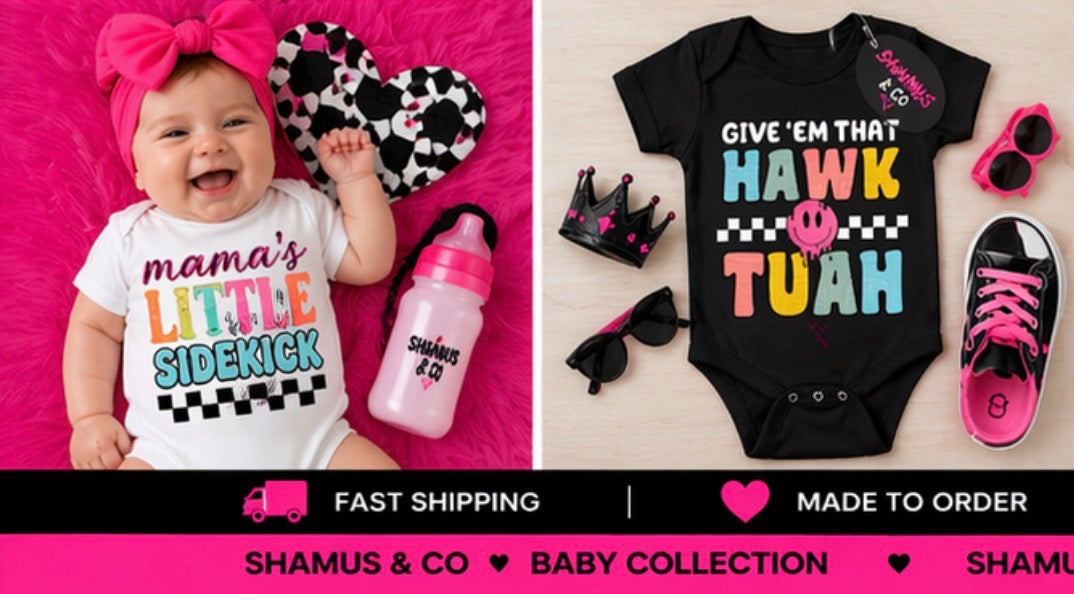 Shamus & Co Hawk Tuah baby bodysuit in soft fabric with playful design, suitable for newborns and infants.