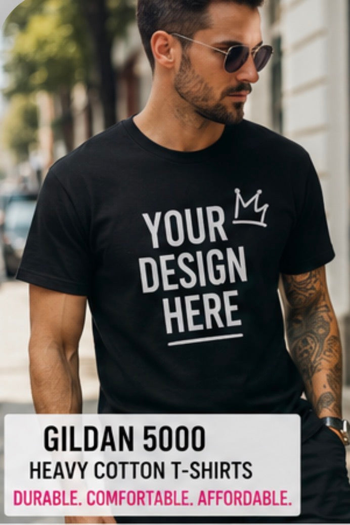 Custom Gildan 5000 heavy cotton T-shirt from Shamus & Co, featuring personalized design on a classic crewneck tee.
