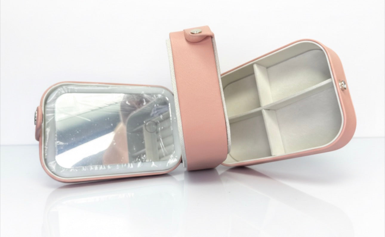 Pink LED travel makeup case with mirror from Shamus & Co, personalized cosmetic organizer, compact and stylish for on-the-go beauty.