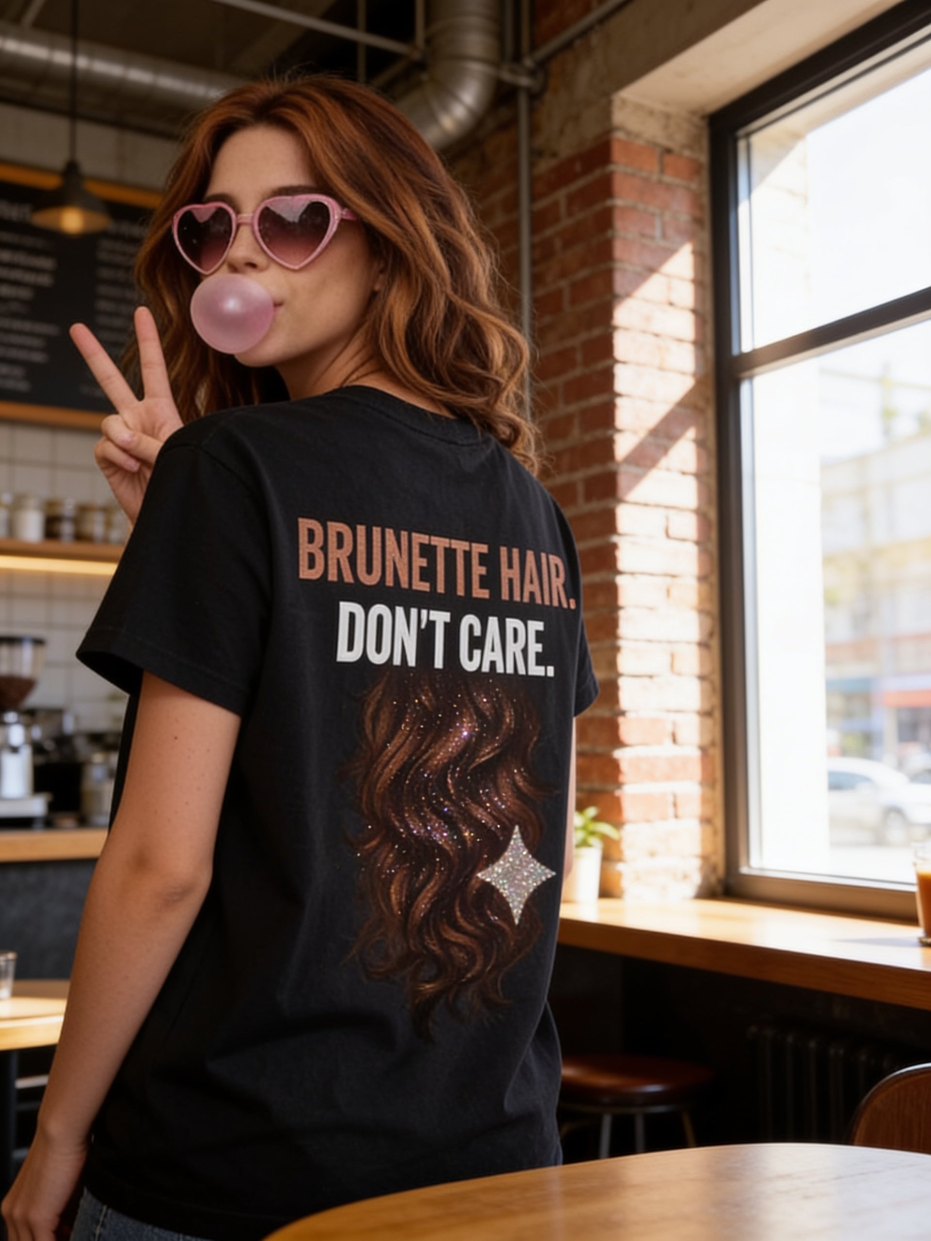 Brunette hair . Don’t care tee 