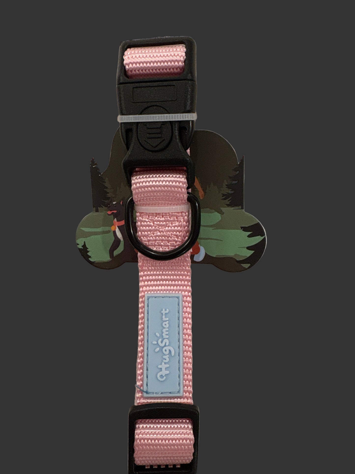 Pink dog collar with a blue label on a white background