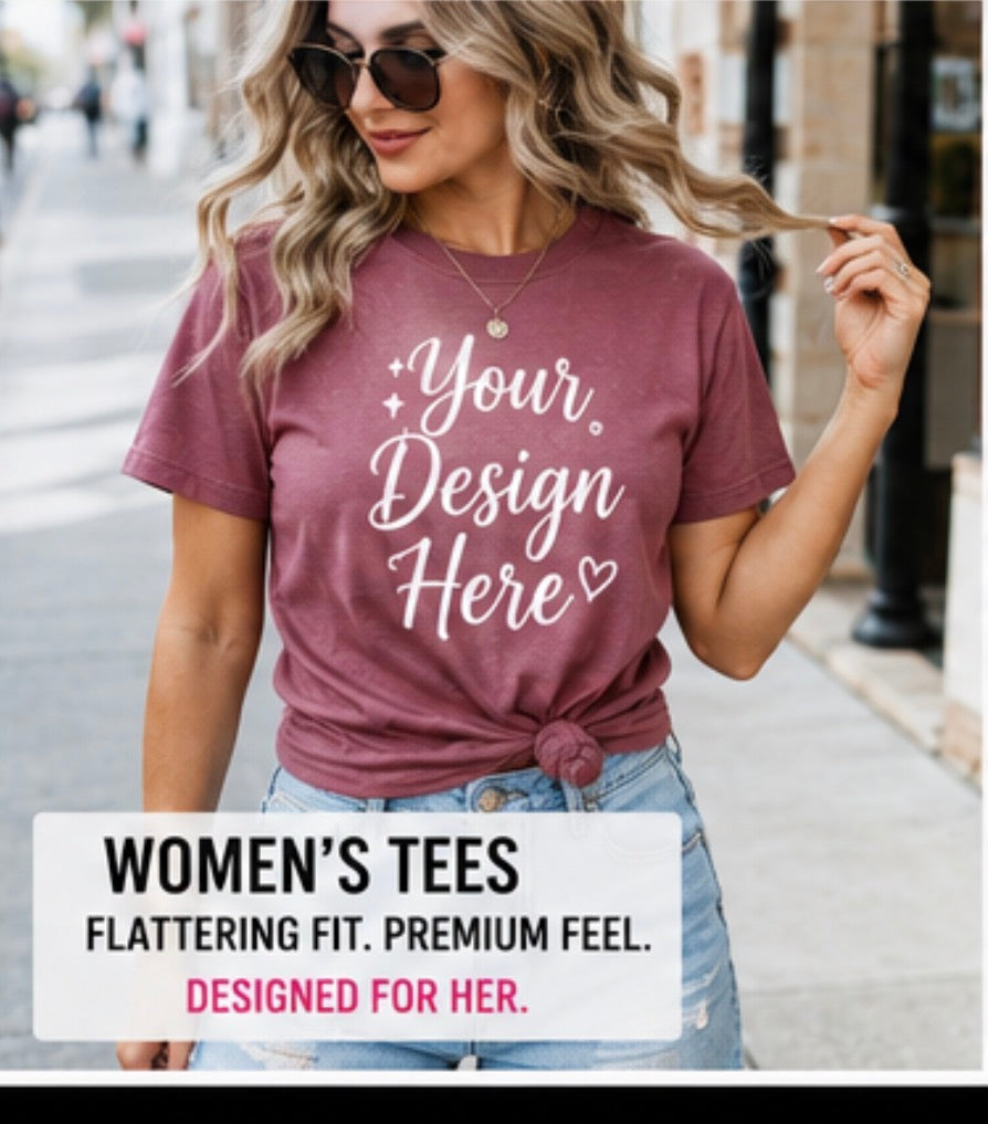 Personalized women's fitted graphic T-shirt by Shamus & Co featuring custom text and stylish design on soft fabric.