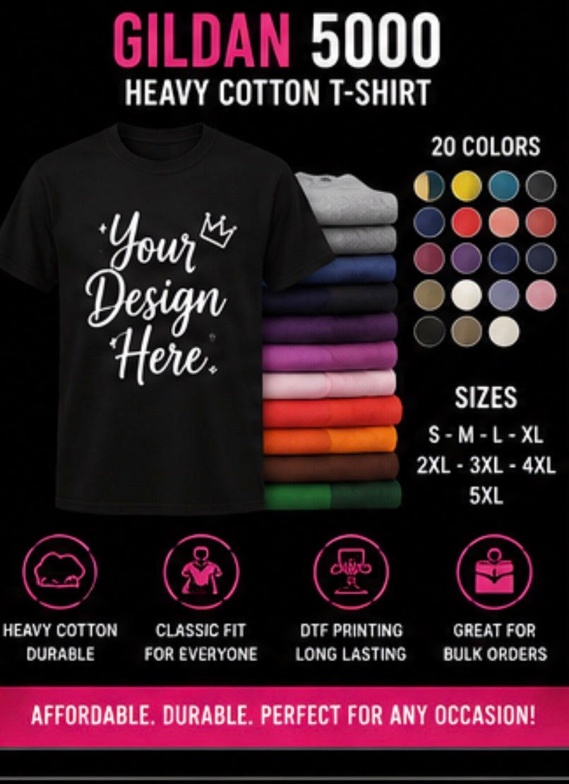 Custom Gildan 5000 heavy cotton T-shirt by Shamus & Co, featuring personalized design on a classic white tee.
