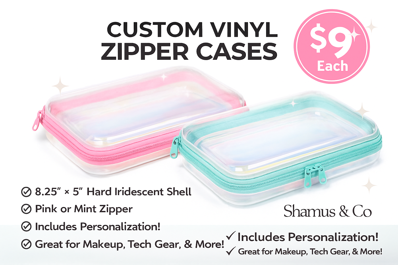 Iridescent shell vinyl zipper cosmetic bag by Shamus & Co, personalized makeup and travel organizer with a sleek, compact design.