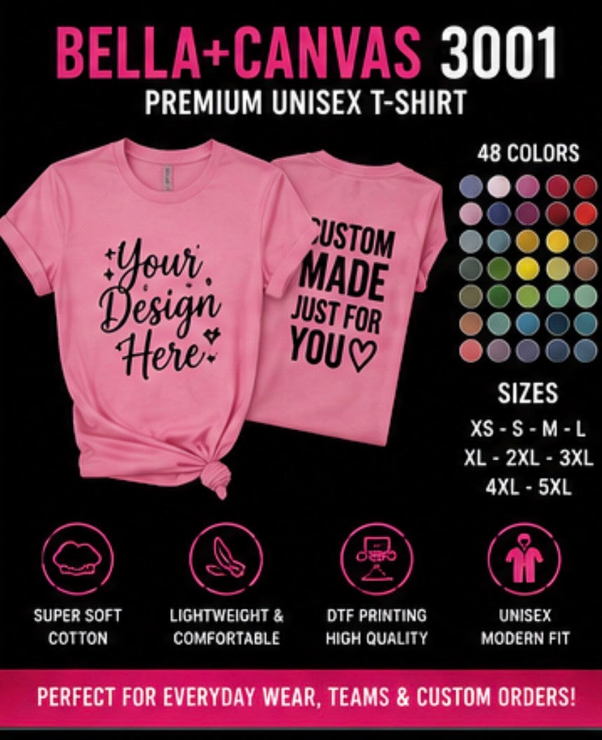 Custom Bella+Canvas 3001 unisex T-shirt with personalized graphic design, shown in a casual fit on a plain background.