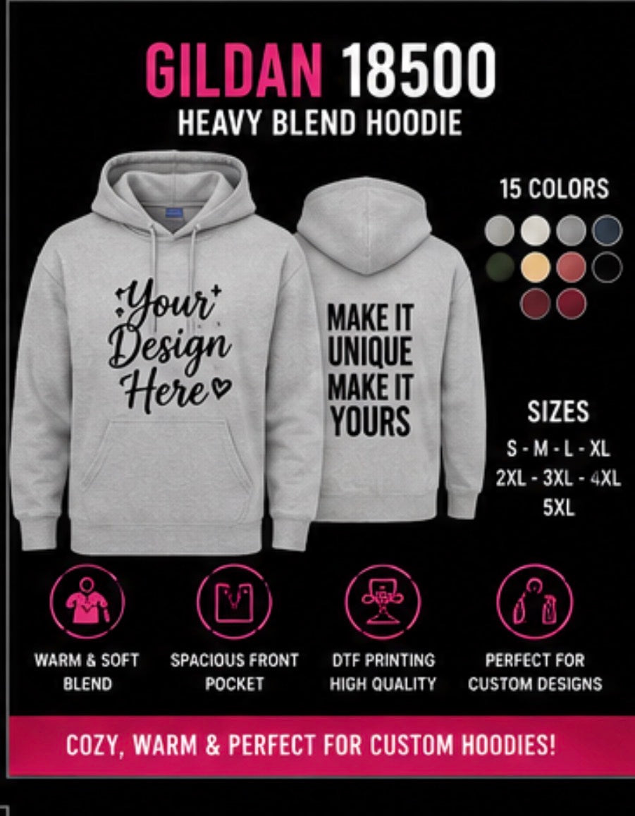 Custom Gildan 18500 hoodie by Shamus & Co featuring personalized graphic design on a cozy sweatshirt.