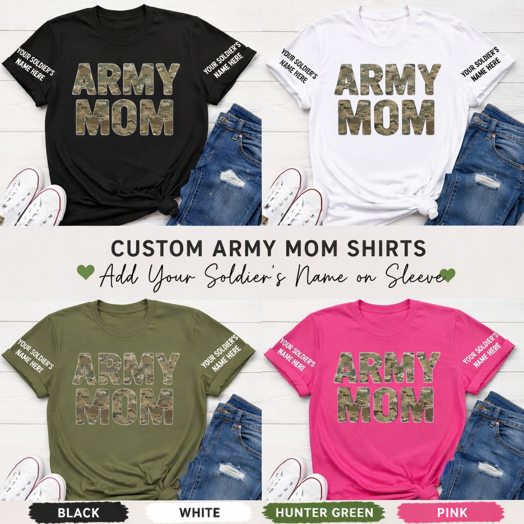 Four 'ARMY MOM' custom shirts in black, white, hunter green, and pink with jeans and shoes on a light wood background.