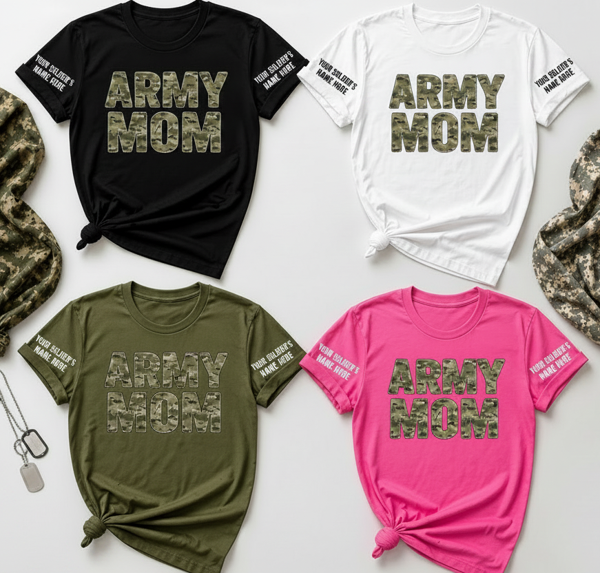 Four 'ARMY MOM' t-shirts in black, white, green, and pink on a white background with military-themed accessories.