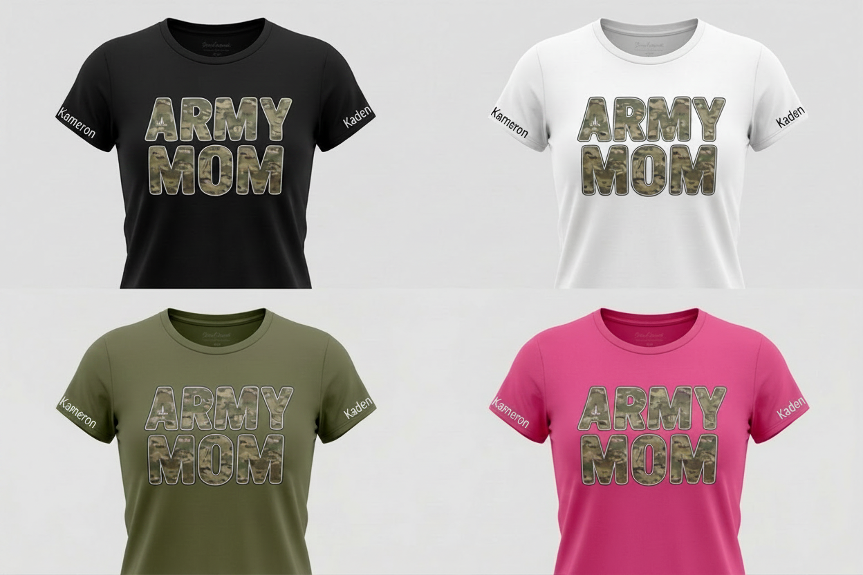 Four 'ARMY MOM' t-shirts in black, white, green, and pink on a gray background.