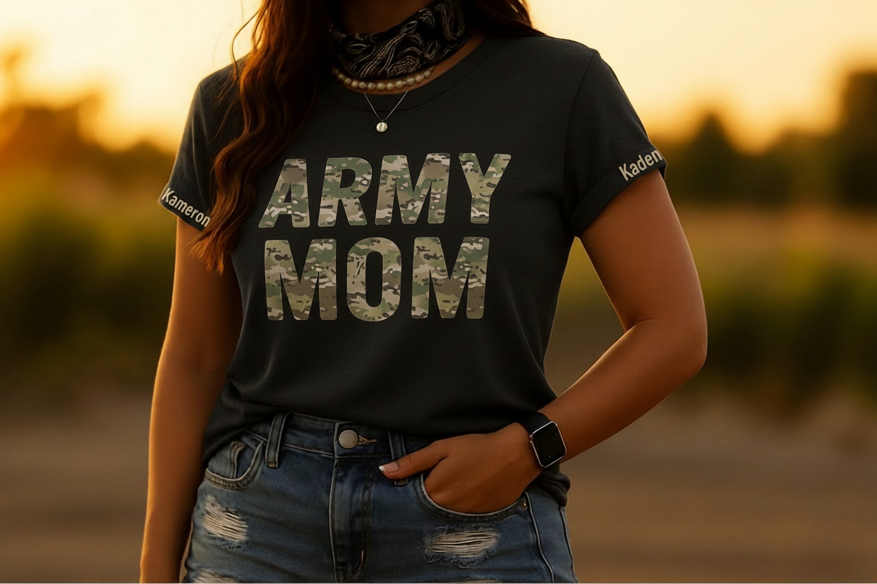 Person wearing a black t-shirt with 'ARMY MOM' text at sunset.