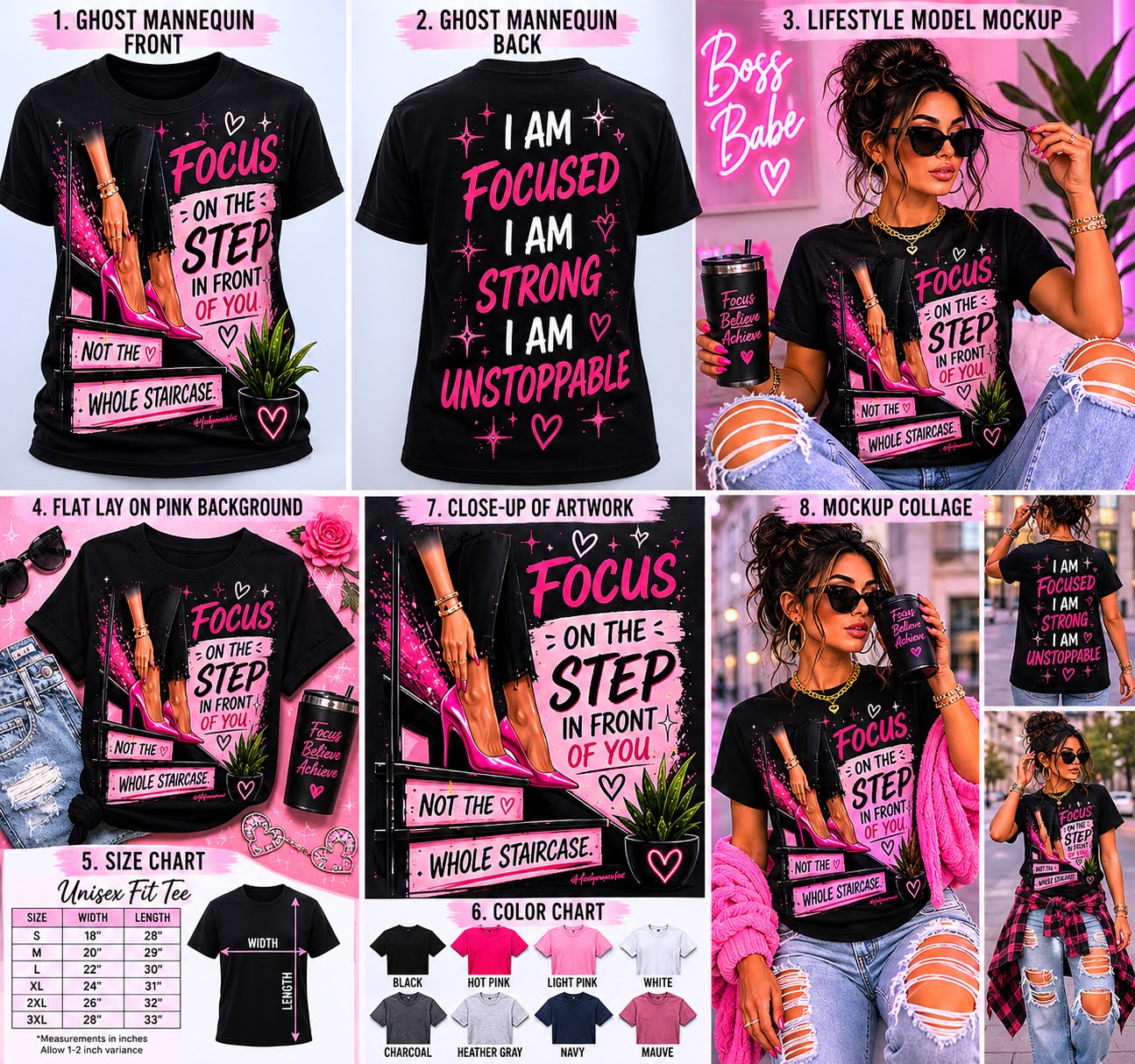Shamus & Co women's motivational graphic T-shirt with "Focus On The Step" slogan, casual adult tee for inspirational wear.