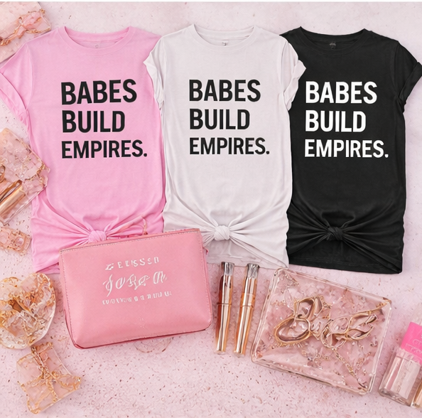 Three t-shirts with 'Babes Build Empires' text, a pink pouch, and beauty products on a light background.