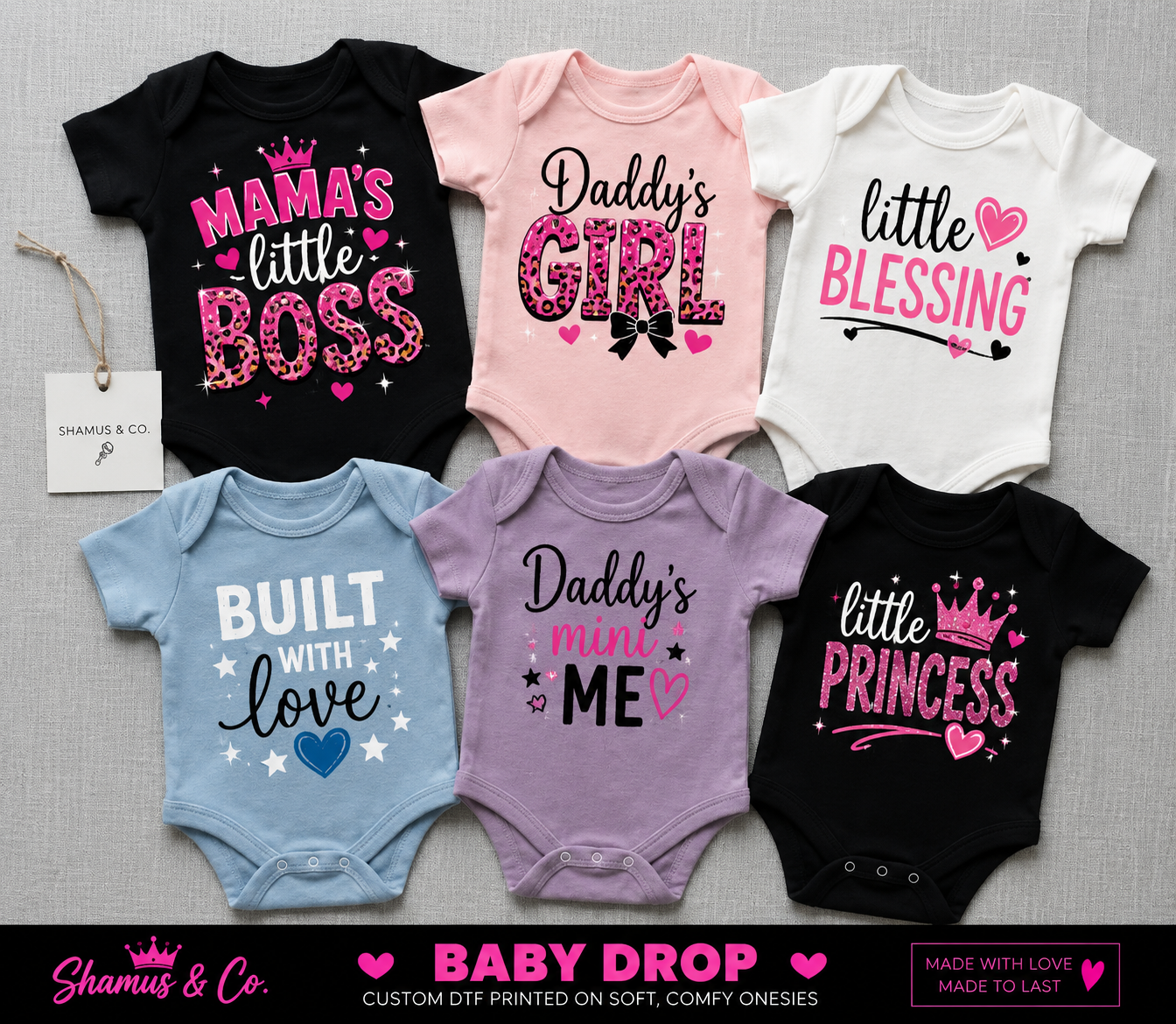 Custom Shamus & Co baby onesies with personalized designs, featuring adorable baby bodysuits perfect for gifts and baby showers.