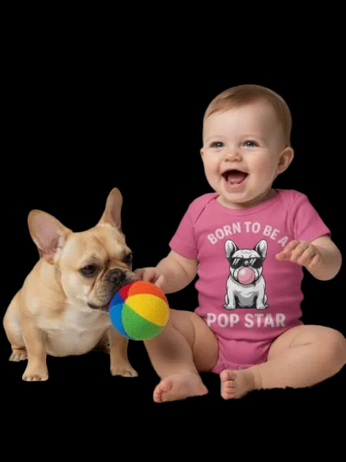 Baby in pink 'Born to be a Pop Star' onesie with a dog playing with a colorful ball on a white background