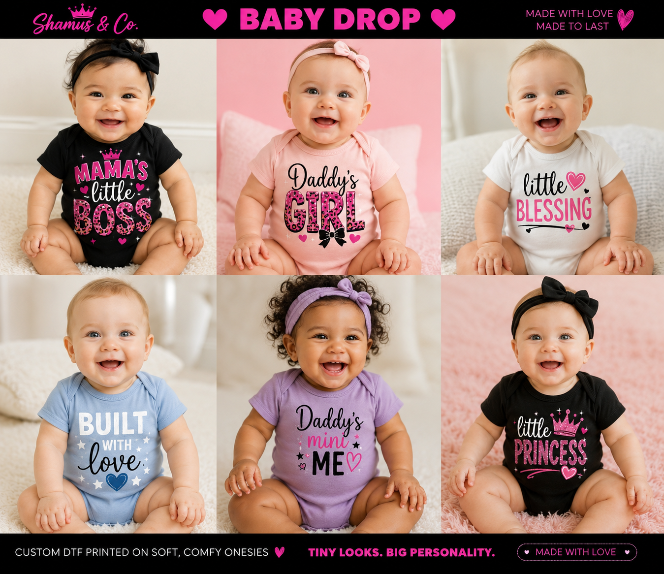 Cute baby onesie from Shamus & Co, personalized with custom design, perfect for baby shower gifts and adorable baby photos.