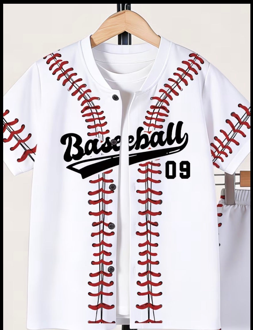 Baseball-themed jacket with red stitching and 'Baseball 09' text on a hanger.
