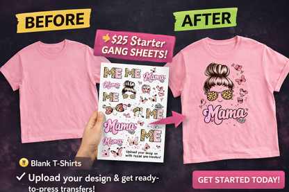 Before and after comparison of a pink t-shirt with graphic design and promotional text.