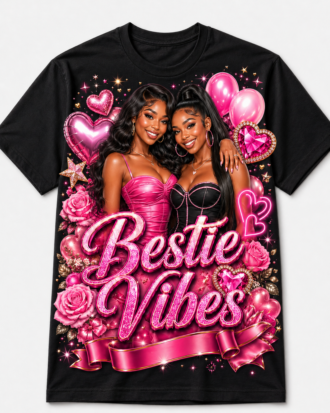 Black t-shirt with 'Bestie Vibes' design featuring two women, pink hearts, and flowers on a white background.