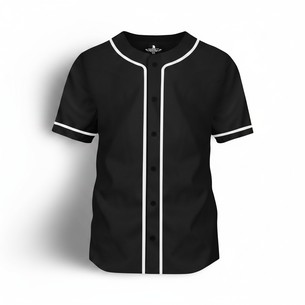 Black custom baseball jersey with white trim, personalized team shirt by Shamus & Co, featuring full button front and vibrant DTF print.