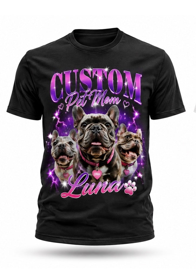 Black t-shirt with 'Custom Pet Mom Luna' design featuring three dogs on a white background