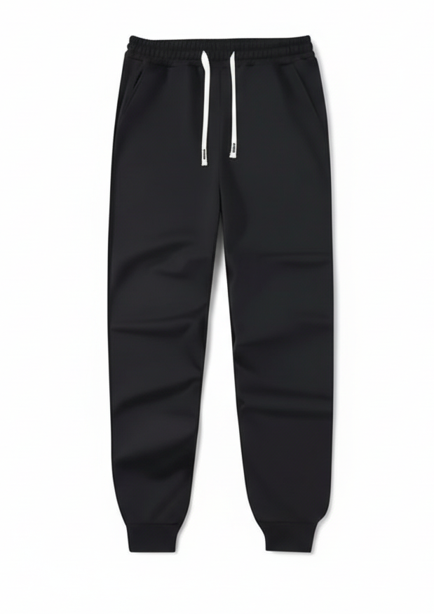 Black sweatpants with a white drawstring on a white background