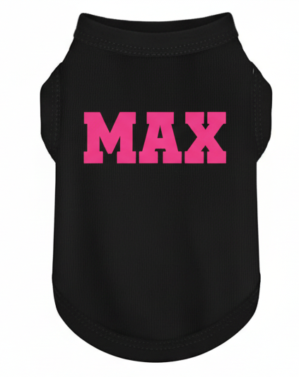 Black pet shirt with 'MAX' in pink text on a white background
