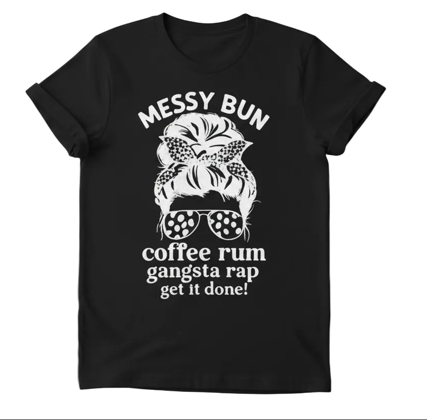 Black t-shirt with graphic of messy bun, sunglasses, and text on a light gray background