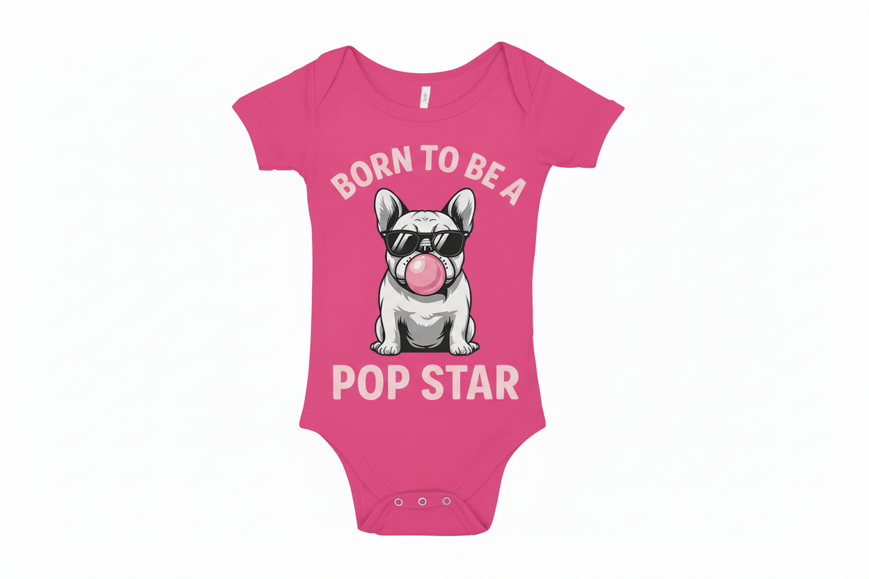 Pink baby onesie with a dog graphic and text on a white background