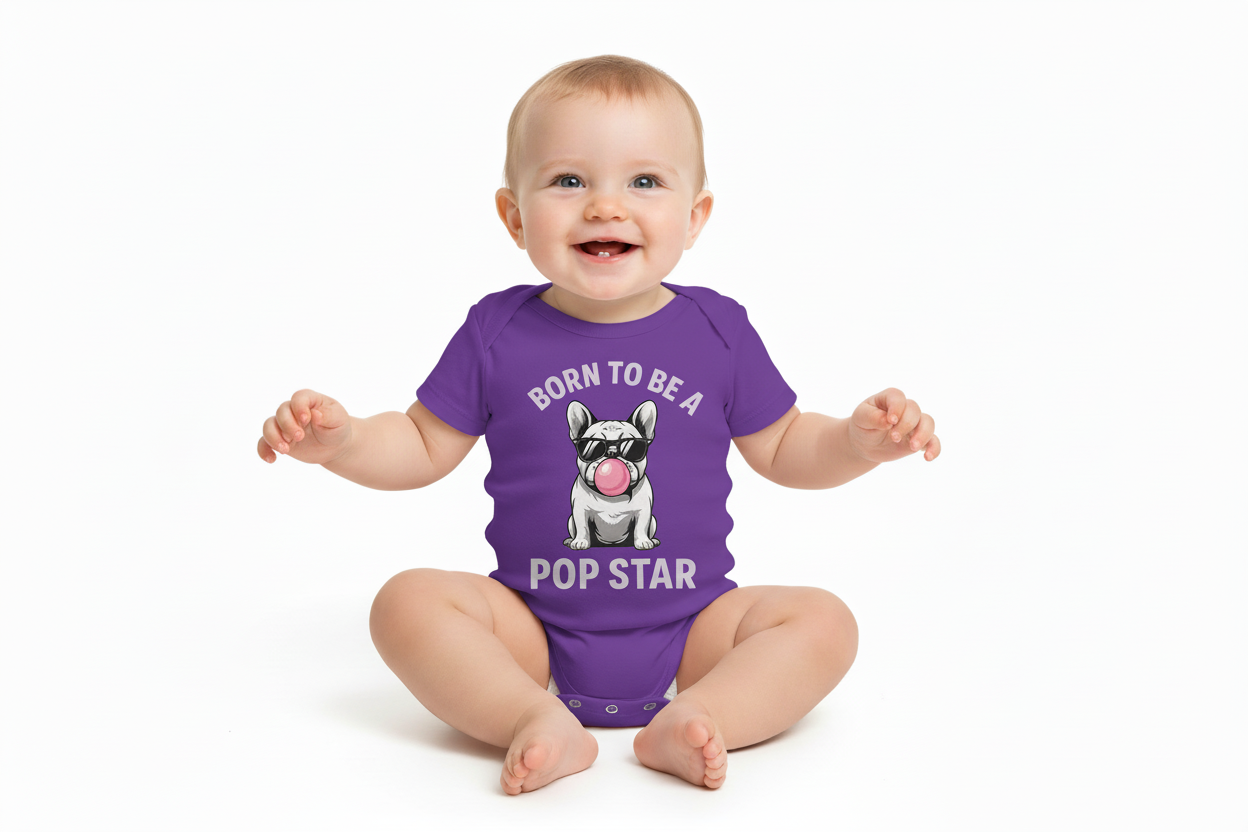 Baby wearing a purple onesie with a dog graphic and text on a white background