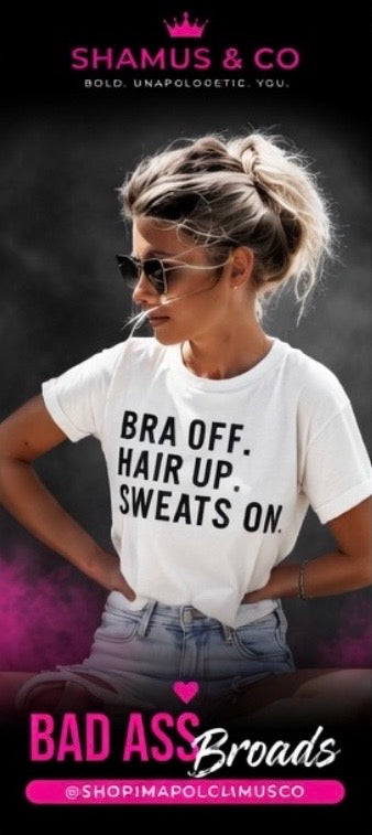 Woman wearing a white t-shirt with text, sunglasses, and jeans against a dark background with promotional text and branding.