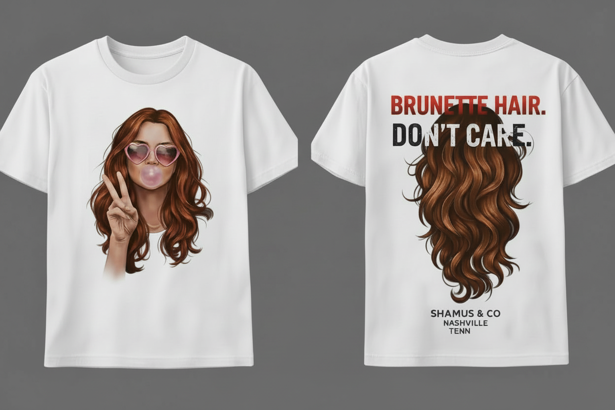 Adult T-shirt featuring brunette hair graphic and "Don't Care" slogan from Shamus & Co, casual fit, front view.