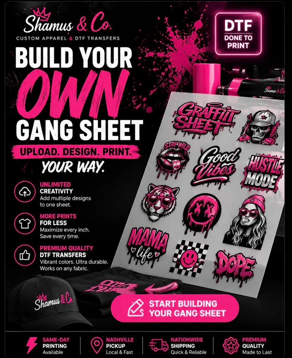 Promotional graphic for Shamus & Co. DTF (Direct to Fabric) gang sheet transfers, showing a sample sheet of pink and black graffiti-style stickers on a black background with marketing text and product features.