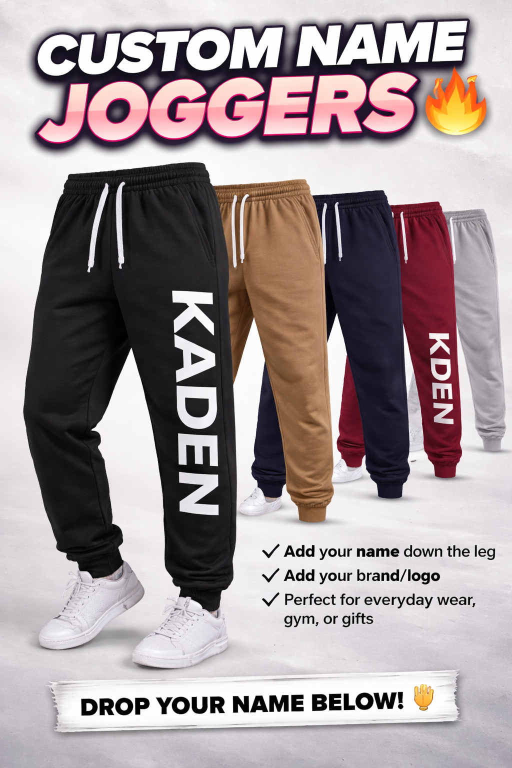 Black jogger pants with 'KADEN' branding and customizable options on a gray background.