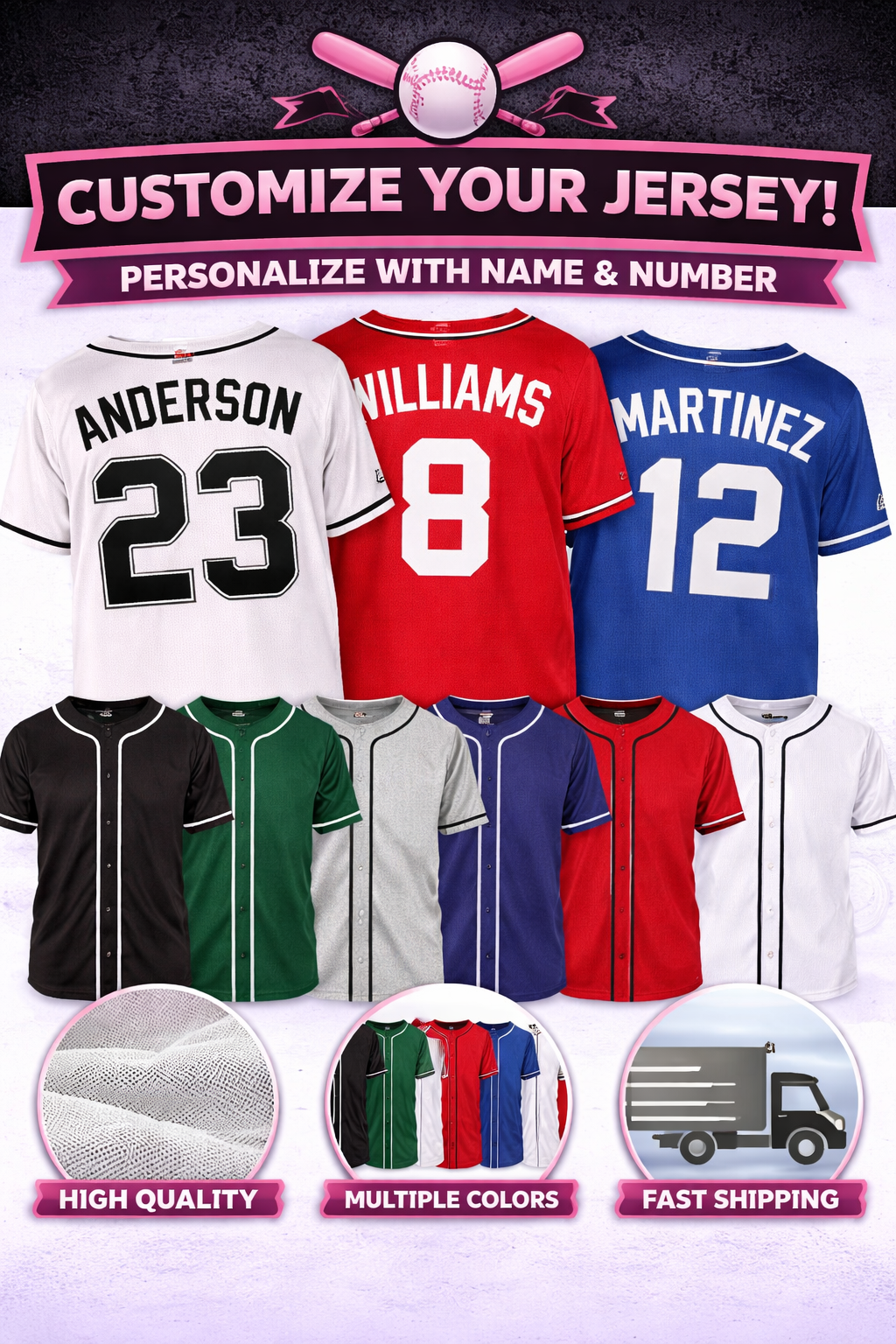 Collection of customizable baseball jerseys with text and icons on a dark background
