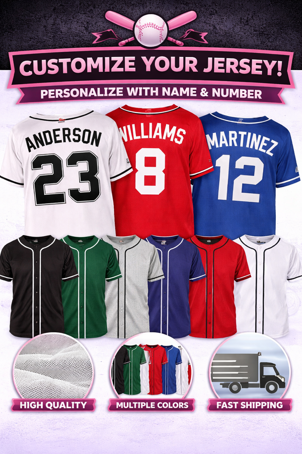 Collection of customizable baseball jerseys with text and icons on a dark background