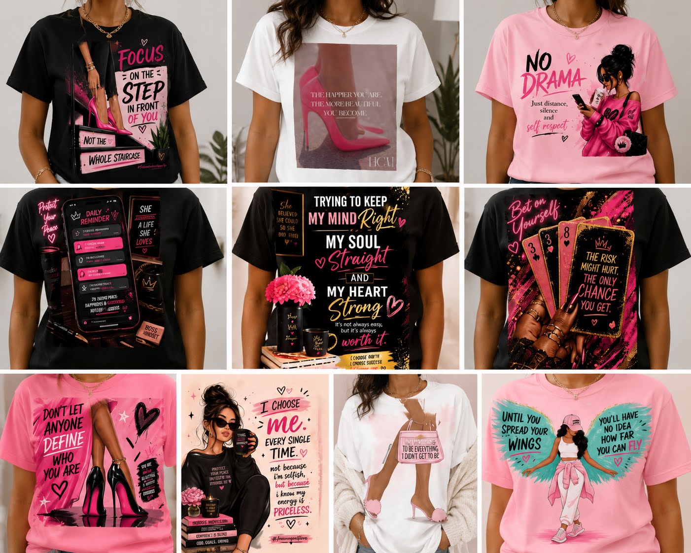 Collection of t-shirts with various designs and text worn by models.