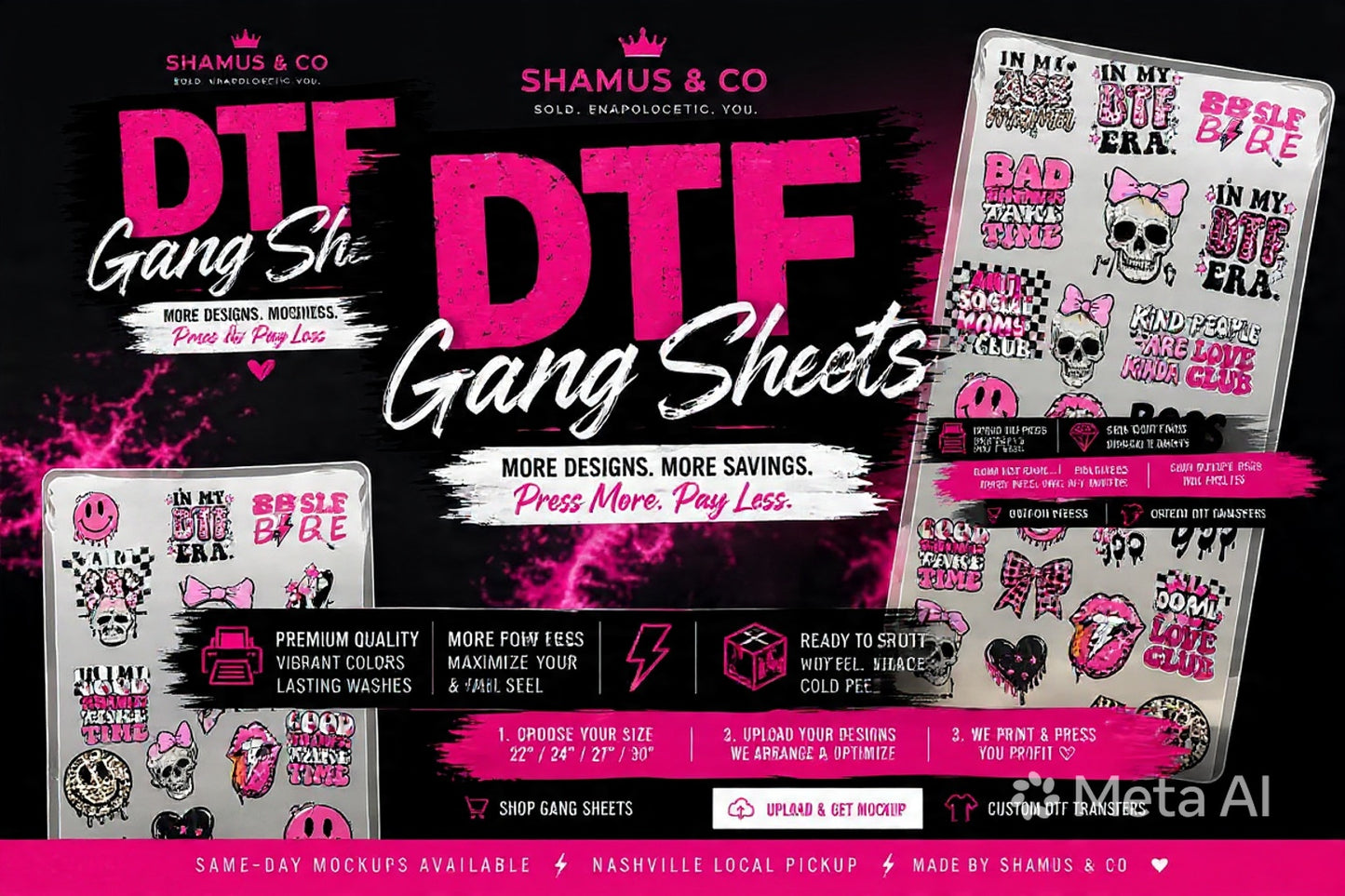 Promotional image of DTF Gang Sheets with various designs on a black background.