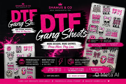 Promotional image of DTF Gang Sheets with various designs on a black background.