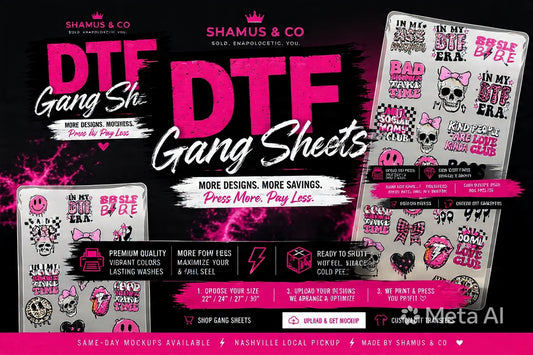 Promotional image of DTF Gang Sheets with various designs on a black background.