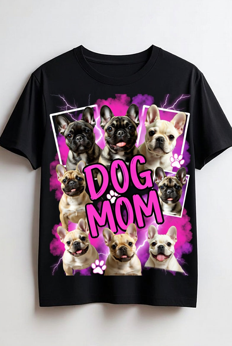 Black t-shirt with 'DOG MOM' text and images of dogs on a white background