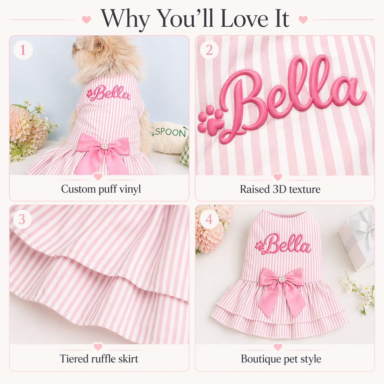 Dog dress with 'Bella' text and features listed on a white background