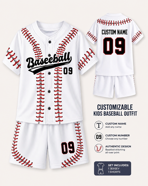 Customizable kids baseball outfit with jersey and shorts on a white background