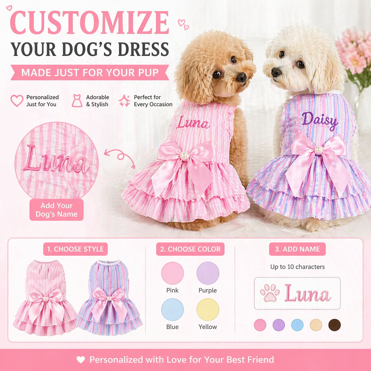 Two small dogs wearing pink and purple dresses with customizable options on a white background.